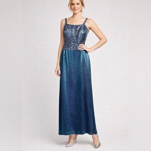 Alex Evenings Women’s 16 Iridescent Blue Evening Gown Floral Bodice Cocktail